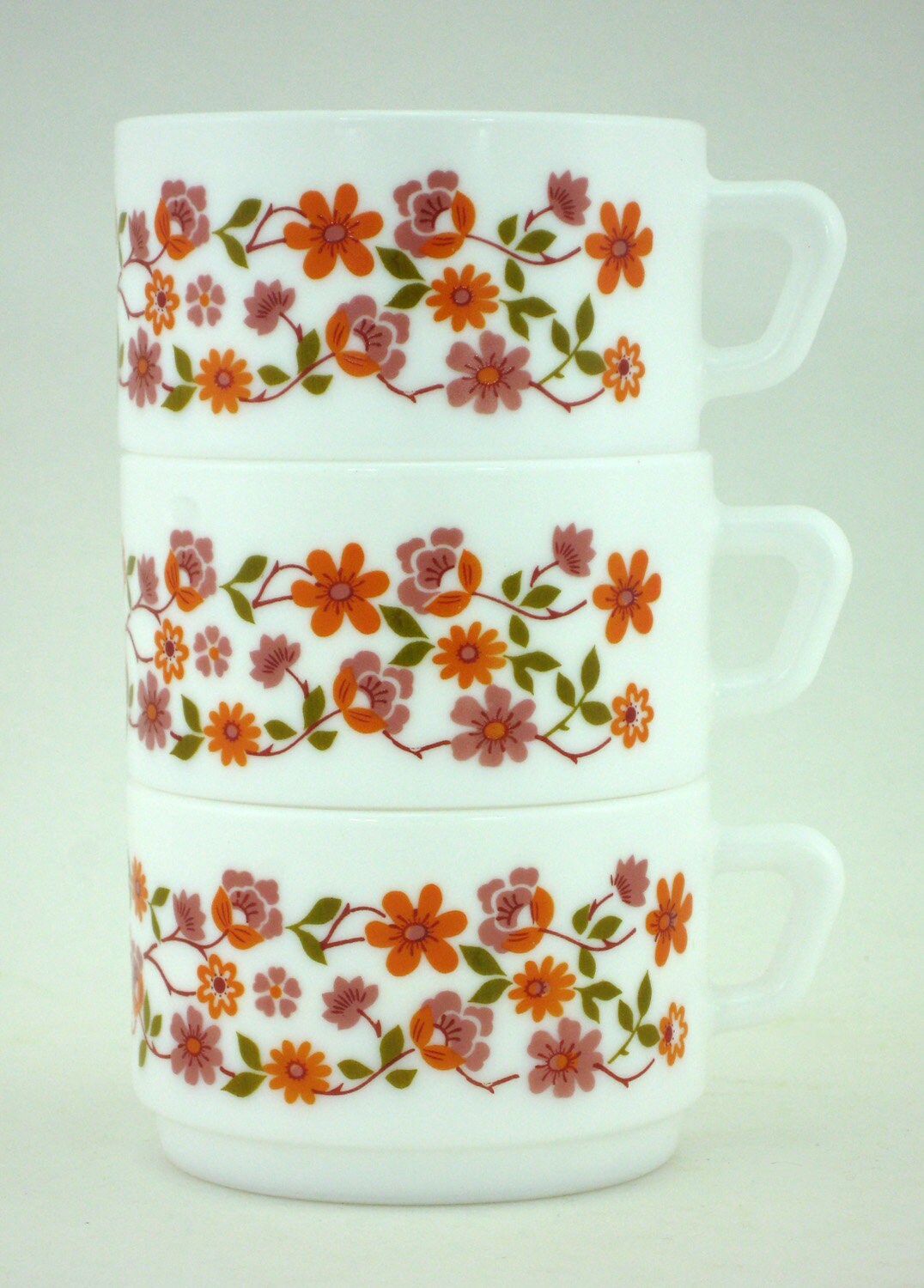 3 Grandes Tasses en Opale et Verre Trempé - Décor Petites Fleurs Orange Rose Scania Arcopal France V