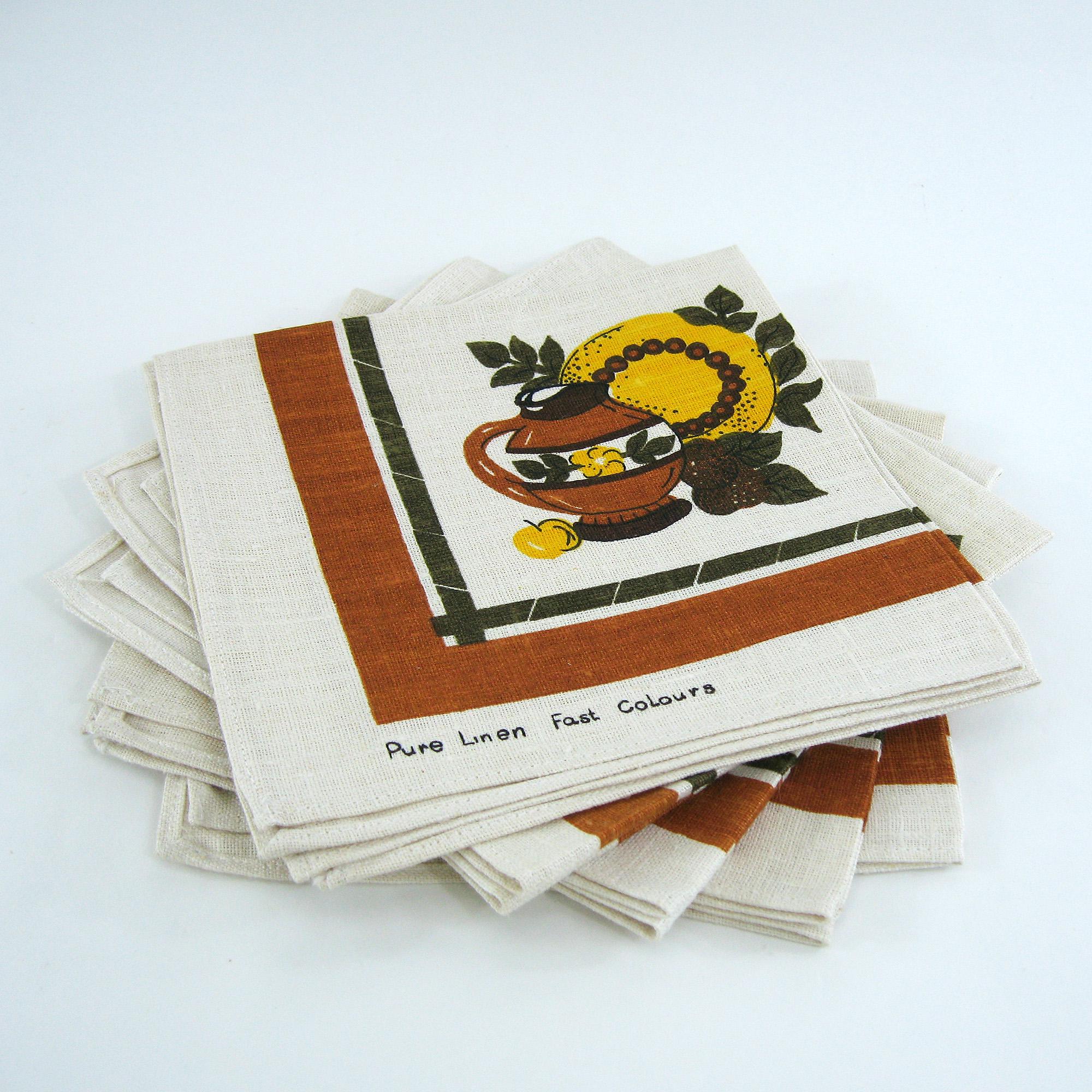 5 Leinenservietten - braunes und gelbes Stilllebenmuster - Vintage 60er
