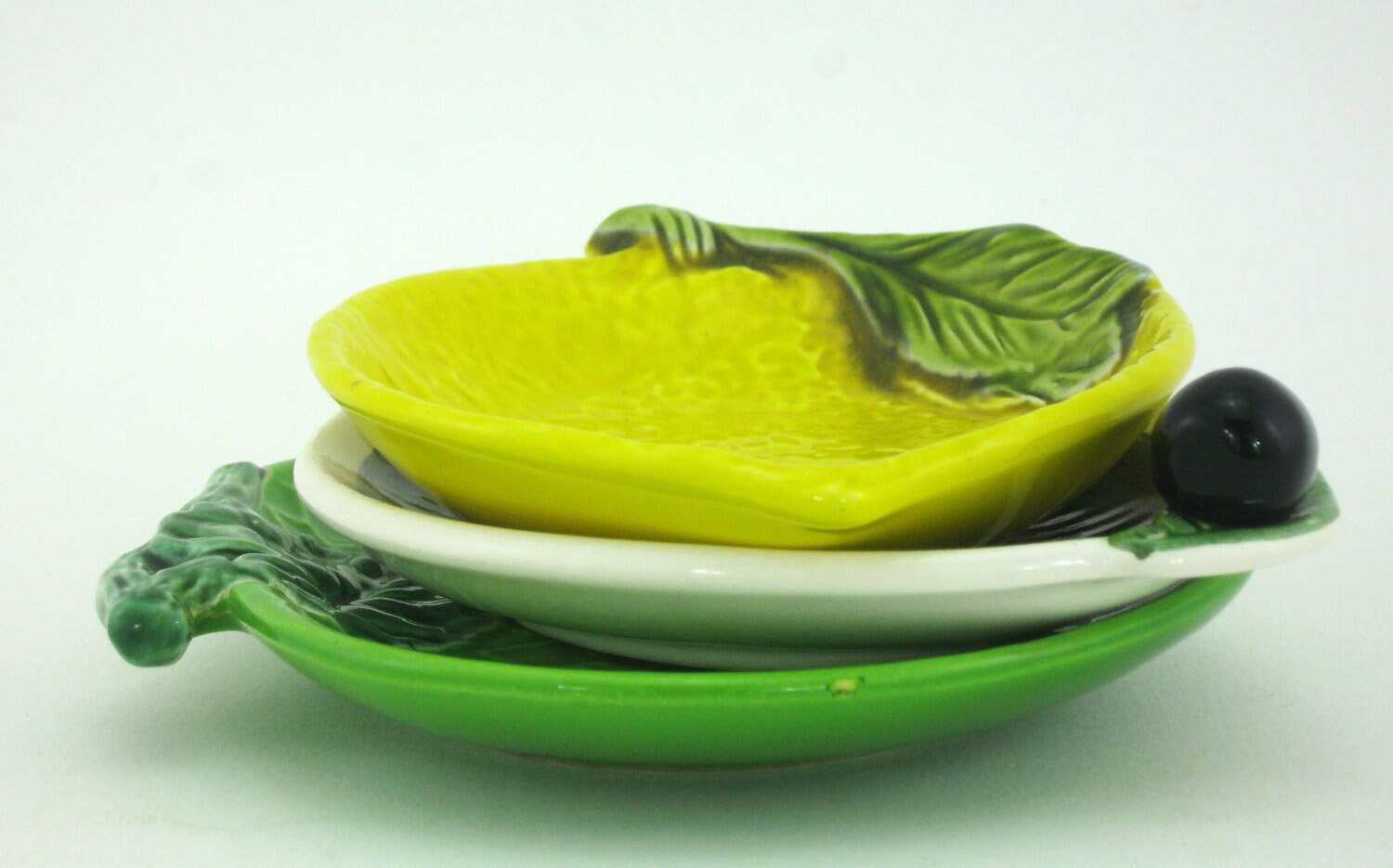 3 Coupelles en Céramique Émaillée - Barbotine Forme de Fruits Pomme Verte Citron Jaune Olive Noire V