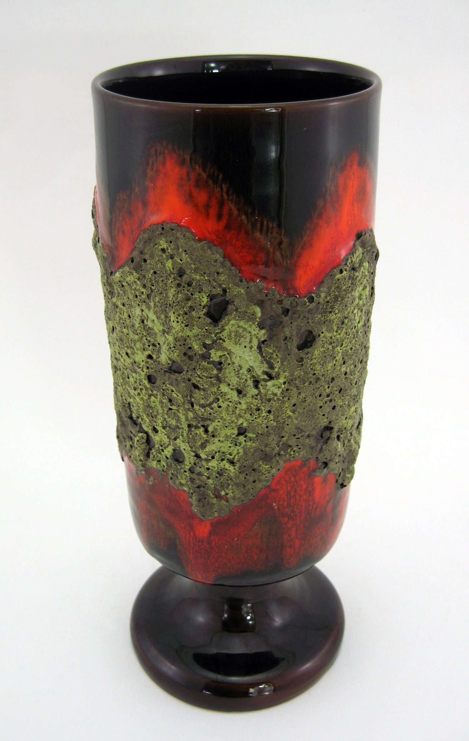 Vase Mazagran en Céramique Fat Lava - Émaux Rouge, Marron et Vert Vallauris France Vintage Années 60