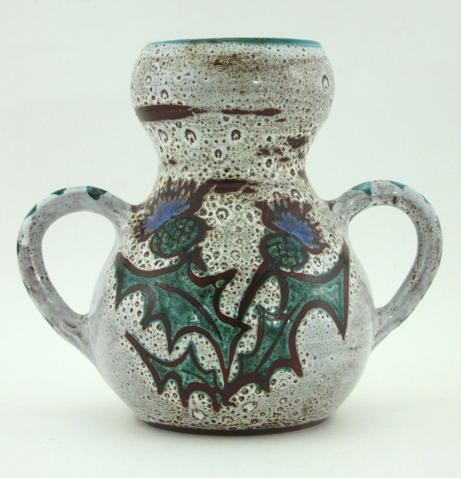 Vase Amphore en Céramique Vernissée - Décor Fleurs Chardons Etienne Daniel Vallauris France Vintage 