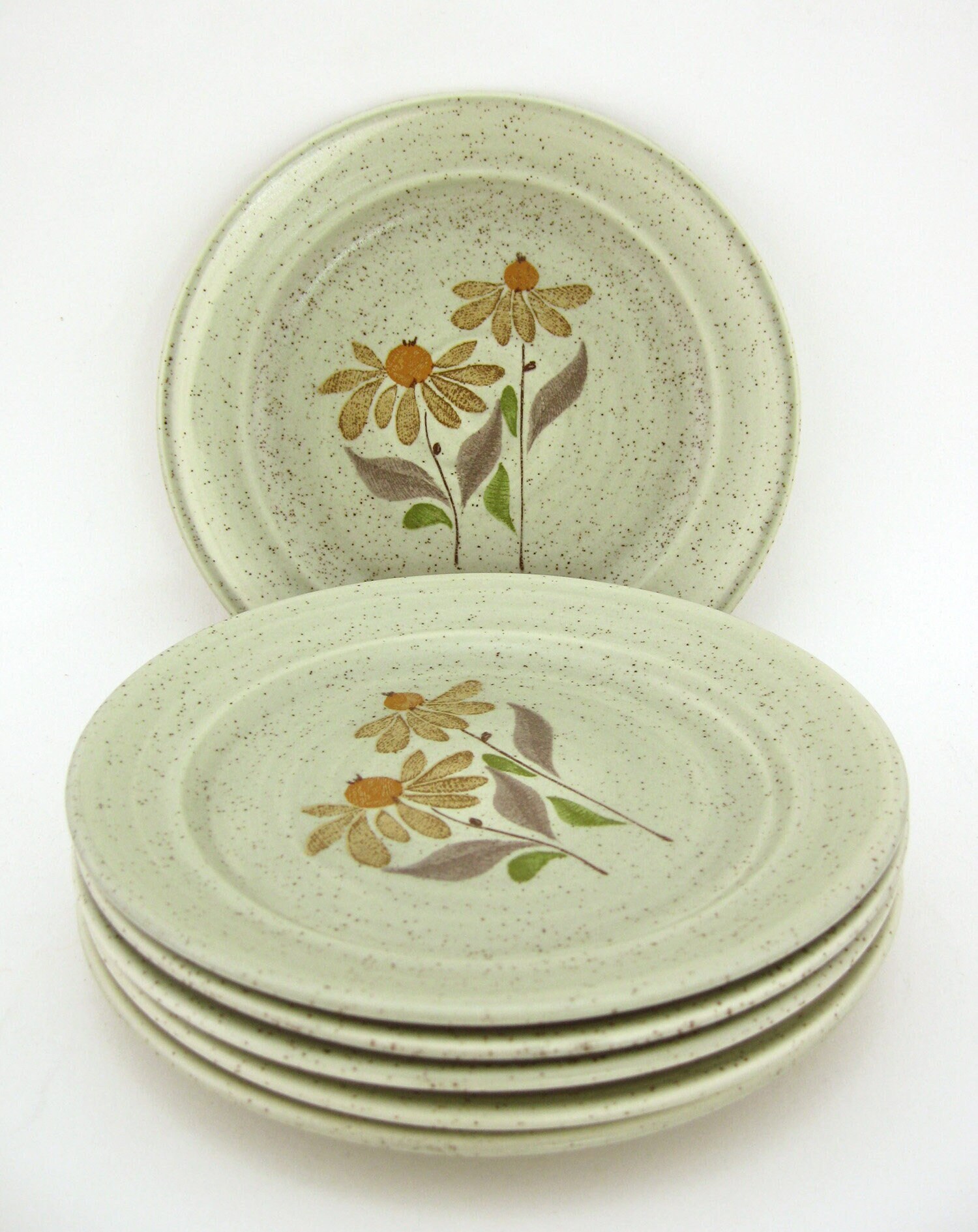 6 Assiettes à Dessert en Grès - Décor Floral Marguerites Alpages St Amand France Vintage Années 70