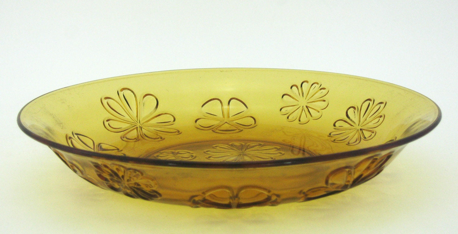 Plat de Service en Verre Trempé Jaune Ambré - Motifs Fleurs Relief Vereco France Vintage Années 70