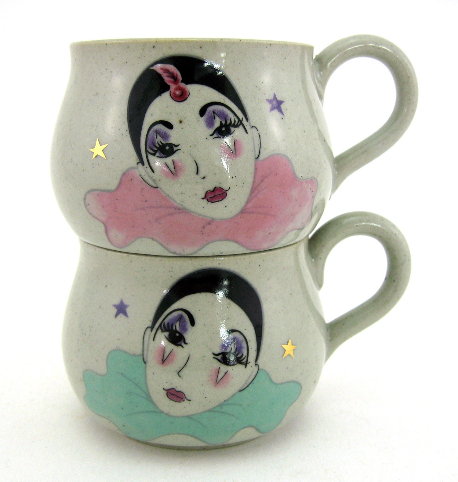 2 Tasses en Grés - Décor Pierrot Rose et Bleu Made in Korea Vintage Années 80