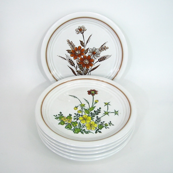 6 petites assiettes à dessert en grès blanc - décor floral jaune, vert et marron - Country Charm Collection - vintage années 80