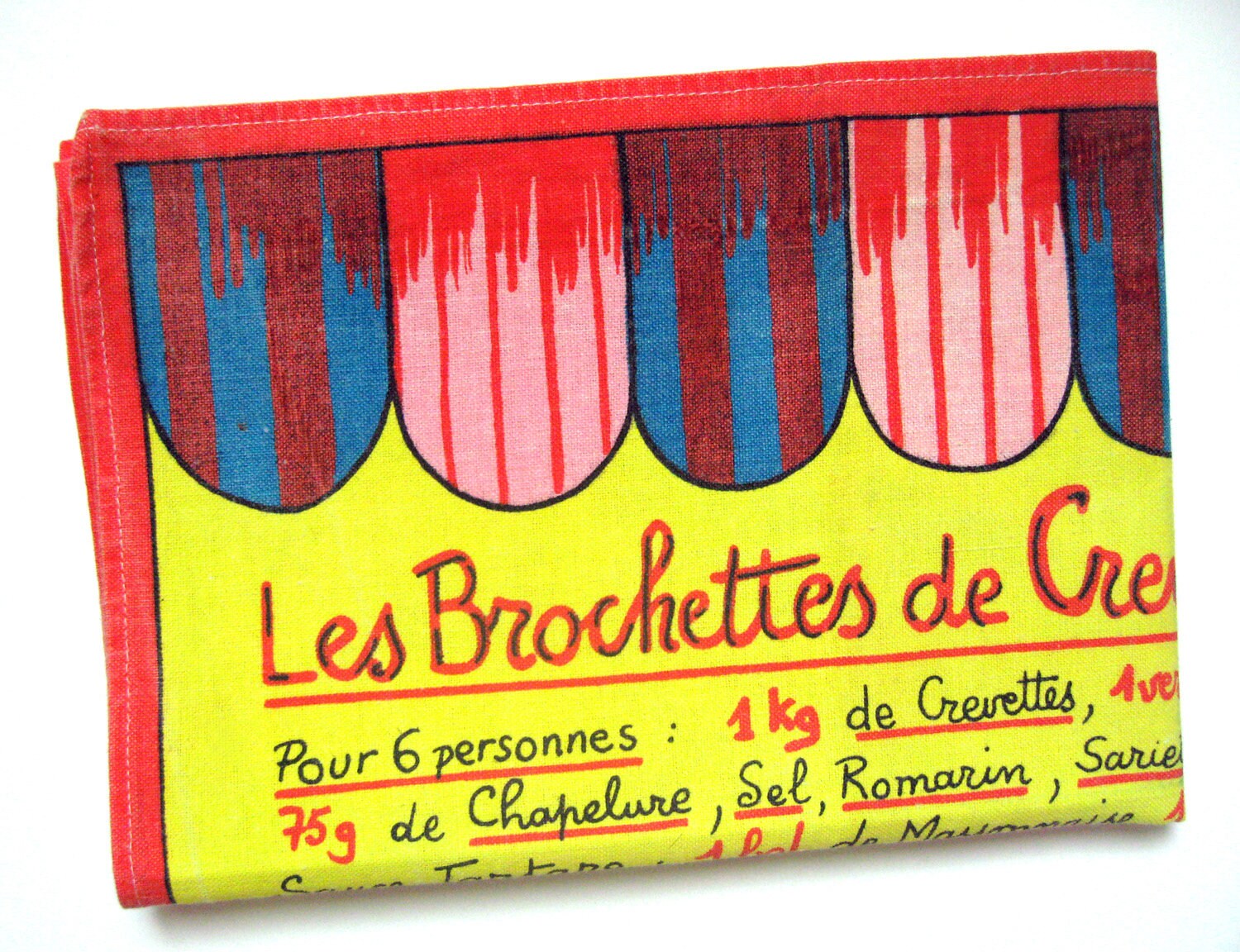 Torchon de Cuisine Français en Coton - Recette Brochettes Crevettes Vintage Années 70