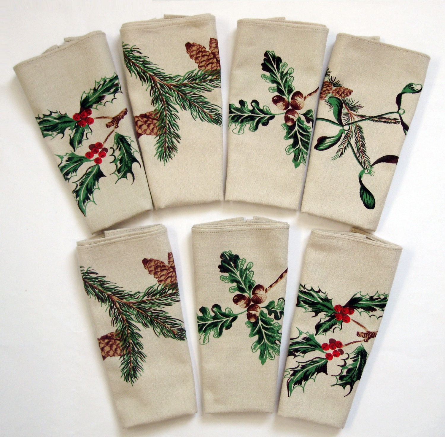 7 Serviettes de Table Noël en Coton Mercerisé - Motifs Branches Houx , Sapin, Chêne et Gui Vintage A