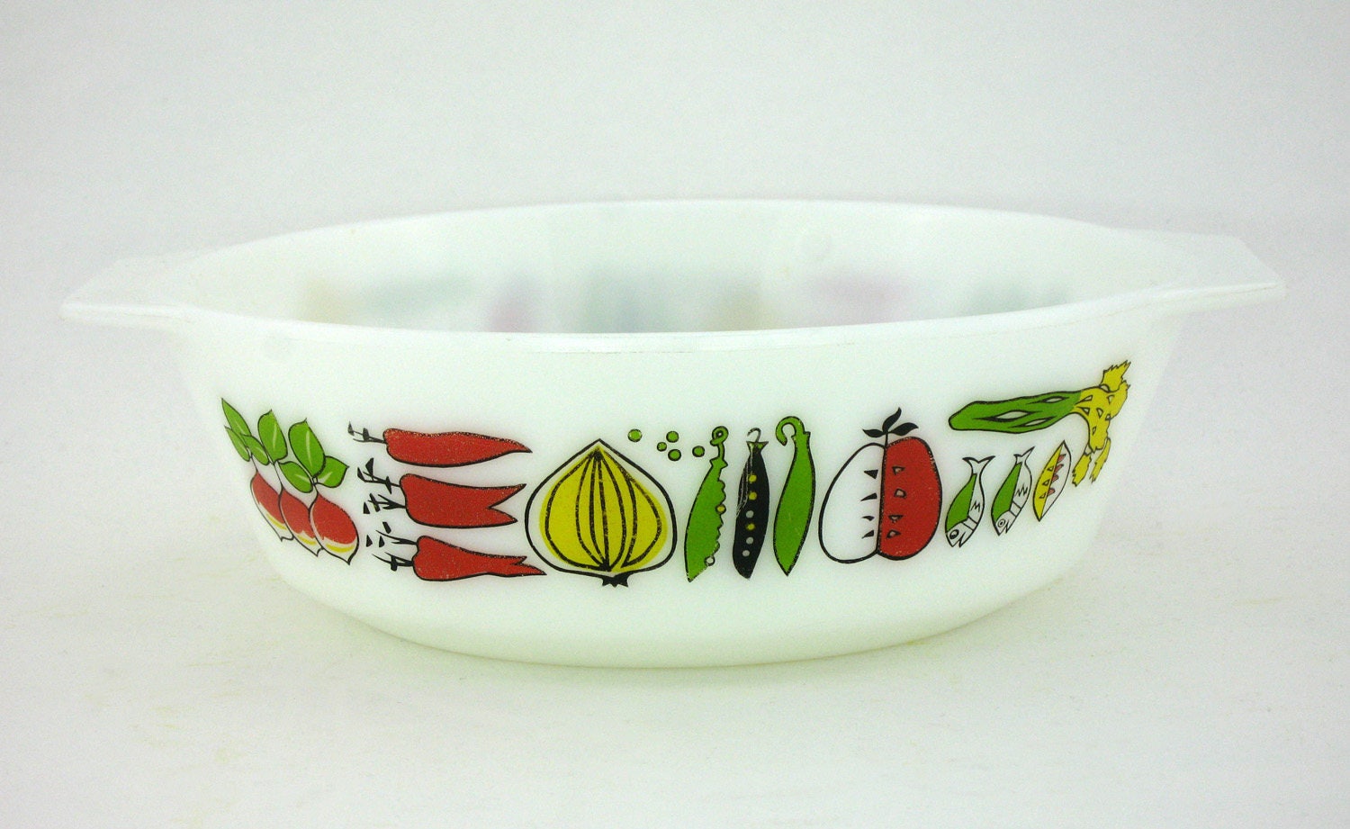 Plat à Four en Opale et Verre Trempé - Motifs Légumes Jaj Pyrex Harvest Made in England Vintage Anné