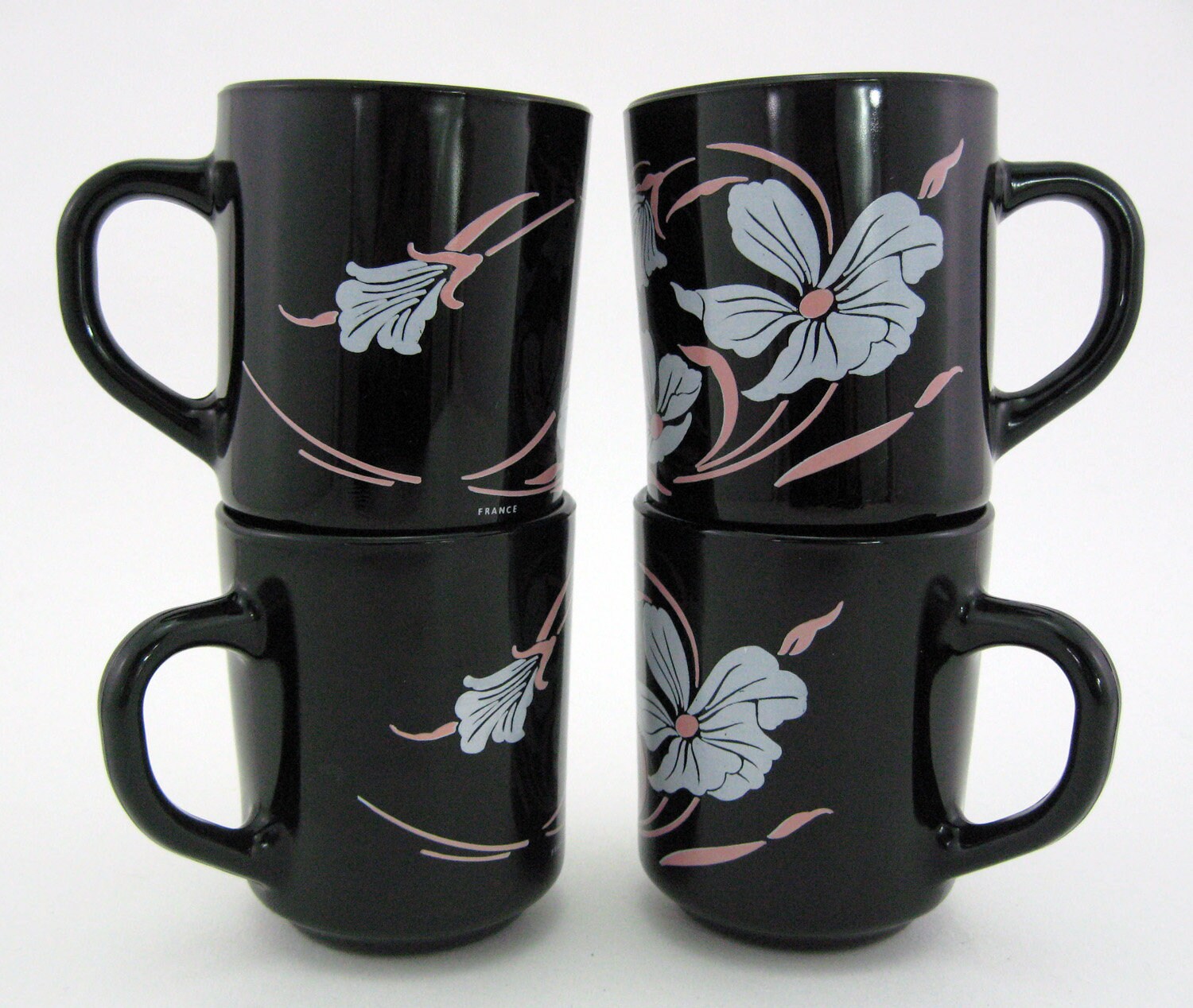 4 Mugs en Opale et Verre Trempé Noir - Décor Floral Arcoroc France Vintage Années 80