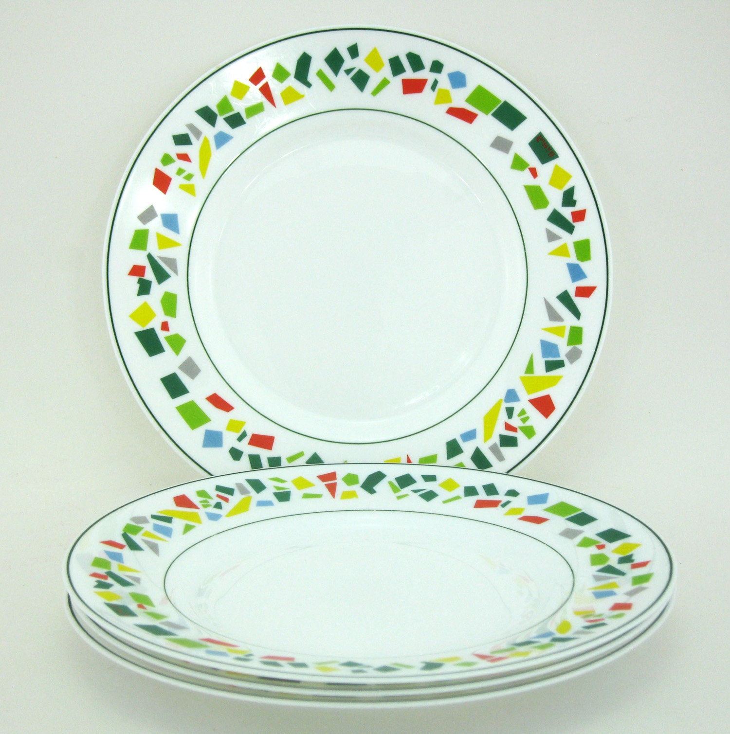 4 Assiettes Plates en Opale et Verre Trempé - Décor Mosaïque 8 à Huit Arcopal France Vintage Années 