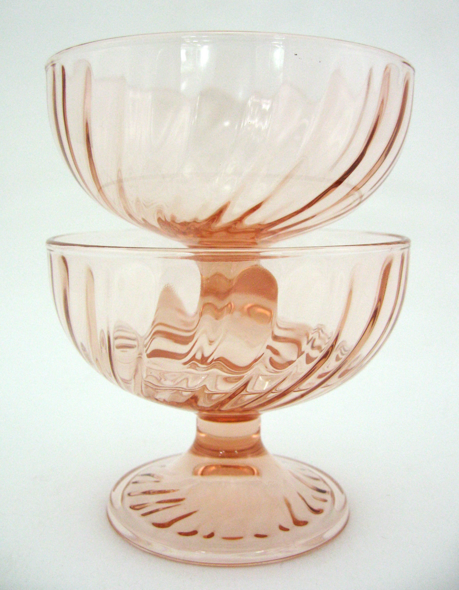 2 Coupes à Dessert en Verre Torsadé Rose Poudré - Rosaline Arcoroc France Vintage Années 80
