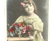 Portrait of little girl-bouquet of flowers dress with polka dots-French antique postcard black and white early 20th century - colorized