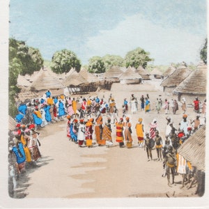 Rare vintage aquarelle paysage africain-carte postale vintage ethnographique-portrait ethnique-art africain-photogravure aquarelle- refGB