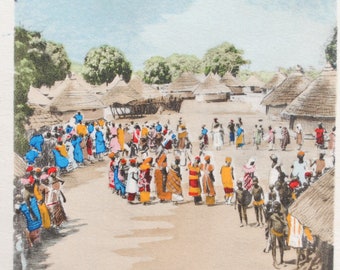 Rare vintage watercolor African landscape - vintage ethnographic postcard - ethnic portrait - African art - watercolor photoengraving - refGB