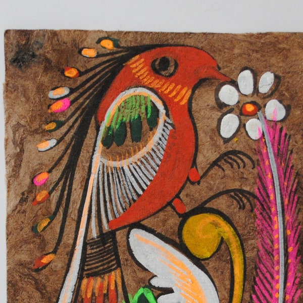 Colorful art from Mexico- folk painting birds on amate paper - mexican crafts- folk art-multicolored bird-boho interior