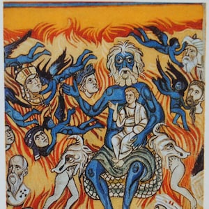 Lucifer / Cathédrale de Torcello / mosaique religieuse / carte postale vintage / scène de l'enfer