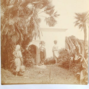 Algeria Bouzaréah large albumen photograph 1900 - portrait of children with marabout - palm trees - oriental decoration - oriental poster