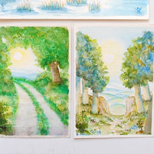 3 petites aquarelles originales vintage 1990s / paysage zen /art mural  de paysage bleu et vert / art apaisant / art doux chambre enfant