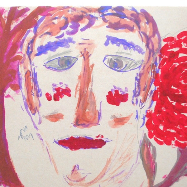 Dessin d'enfant vintage vers 1980 / Art naif expressioniste / homme, fleurs rouge et arbre / oeuvre d'art originale coloré / déco arty