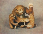 Netsuke monkeys monkey mom and her little ones Chinese calendar Chinese zodiac vintage postcard Japan Russian postcard