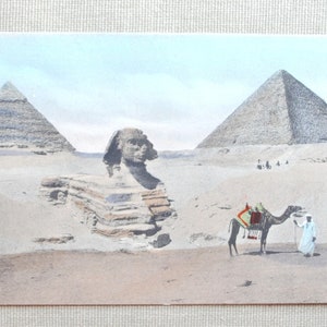 Pirâmide de Quéops - Esfinge - dromedário - Cairo - antigo cartão postal egípcio - paisagem egípcia - arte piramidal - a10