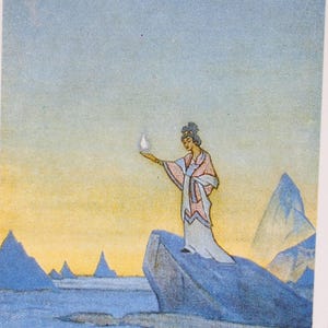 Mystische expressionistische Wandkunst - Mystisches Gemälde von Nicholas Roerich - Seltene Vintage Karte 1980er Jahre - Himalaya-Gebirge - Blaue Wandkunst