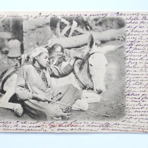 Ägypten / weißer Esel und schlafendes Kind / antike Postkarte Ägypten / ägyptische Wandkunst- refA100