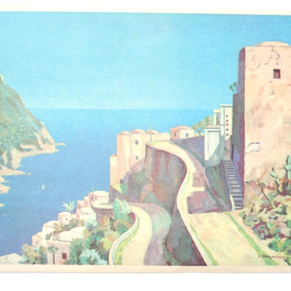 Positano - Italia - postal vintage 1950-pintura de Positano - mural de paisaje italiano arte-1015C