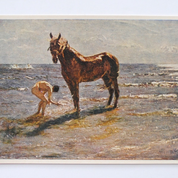 Cheval et homme nu dans la mer- carte postale vintage -  reproduction d'art