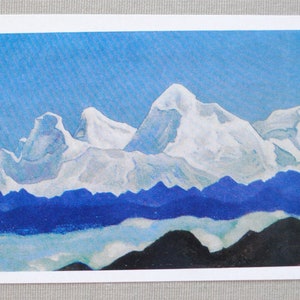 Art mural expressioniste - Nicholas Roerich- carte vintage 1980s-art mural Himalaya- art mural bleu-impression art mystique bleu-refgb