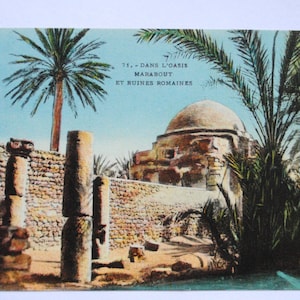 Oasis et palmiers en Afrique du Nord -Marabout et ruines romaines- carte postale ancienne -décoration ethnique-art mural tons naturels-refa5
