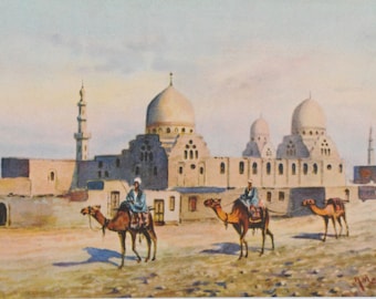 Tombs of caliphs and camels-Cairo- old postcard -orientalist photography -African painting-ref230