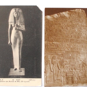 Egypt 2 old postcards - Egyptian magic stele and priestess Touî - Egyptian sculptures - Egyptian wall art - B11