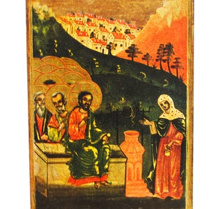 Monasterio de Rila-Bulgaria-Iglesia de la Virgen- Representación de Cristo y la mujer samaritana- arte religioso- postal vintage-ref210