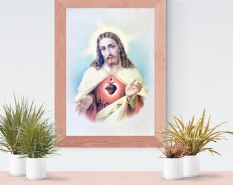 Digital -Christus im Heiligen Herzen-Poster Jesus Christus- Porträt von Jesus-digitale Kunstdruck-religiöse Kunst zum Drucken