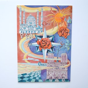Pittura massonica-Da Oriente a Occidente- Lavoro massonico- Cartolina d'arte massonica- Pittura di Roger Postaire
