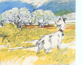 Vintage 1950 4 illustrations of children&#39;s room decor - Monsieur Seguin&#39;s goat - vintage book from 1950 - old photoengraving - CL2
