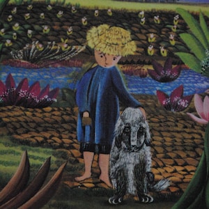 5 ilustraciones vintage -niño en la naturaleza-paisajes de naturaleza y campo + una acuarela original -Arte ingenuo de la naturaleza -Arte vintage