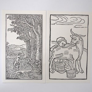 8 woodcuts / 8 vintage book pages / country, farmer, rural art / farm life / life in nature