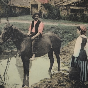 Décor de campagne rustique- scène de vie rurale vers 1900 - carte postale ancienne village français - country life - paysan à cheval a20