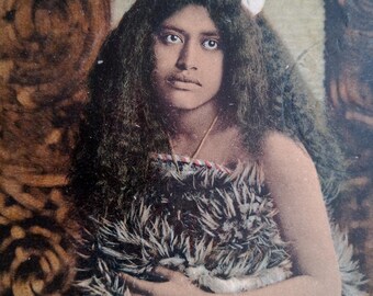Maori Woman - Rare Old Postcard from New Zealand - Traditional Maori Dress - Written and Worn Card - Woman Wall Art B5