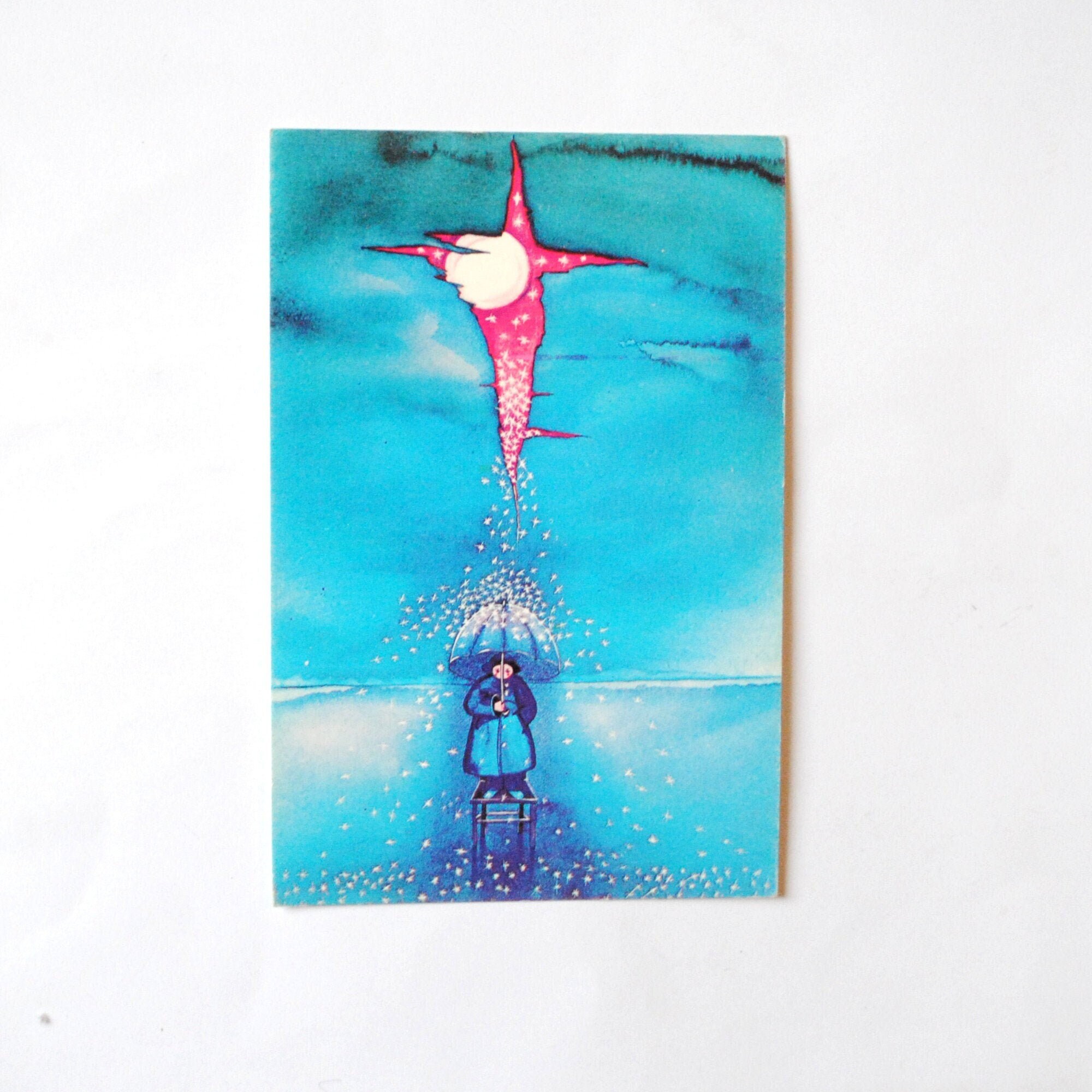 Art Poétique de Petite Fille Sous Une Pluie d'étoiles -Carte Postale 1980 Martine Pellissier- Carte