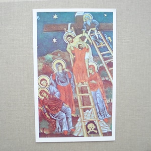 Jésus Christ au calvaire et Vierge Marie -  reproduction de peinture murale-fresque religieuse- carte postale vintage-art religieux