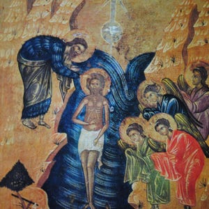 Icônes religieuses de dévotion - Baptème du Christ - Elie enlevé au ciel dans un char de feu - Art religieux - carte postale vintage