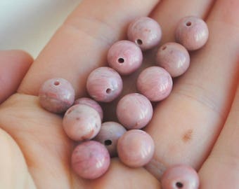 Set of 4 round beads 8mm rhodonite pink natural semi precious stone