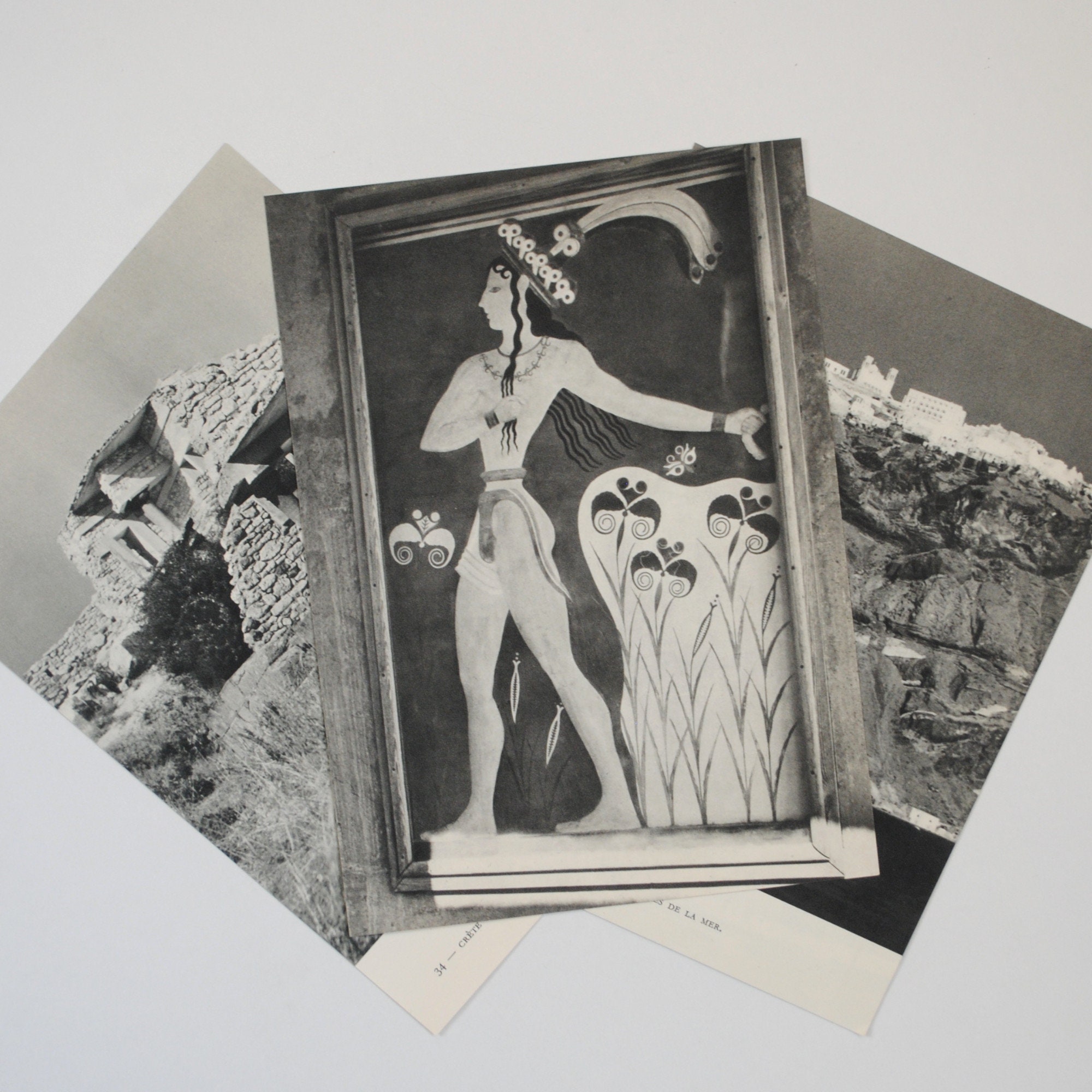 Vintage Iles Grecques-3 Héliogravures de Grèce-Santorin-Knossos - Heraklion Palais Minoéen Knossos -