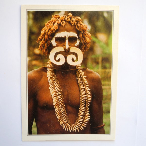 Papouasie Nouvelle Guinée-Indonésie -Guerrier Asmat - portrait ethnographique-tribu-carte postale vintage-art mural ethnique-220