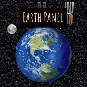 Studio E, Planetary Missions, 100% Quilting Cotton, Panels (24 x 44), Earth Panel with satellite, Large Block panel with miscellaneous space