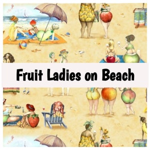 Sunbathing, Beach, Ocean, Vacation, Fruit, Sandcastle, Tanning, Ladies, Babies, 100% Quilting Cotton Fabric By the Yard
