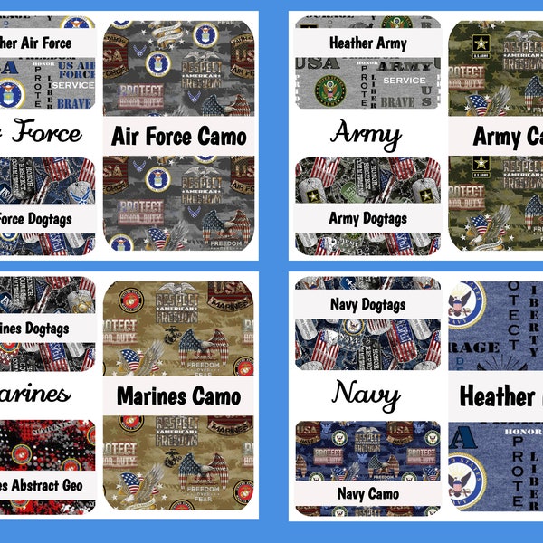 United States Military, Navy, Marines, Coast Guard, Air Force, Army, Camo, Dog Tags, Logos, Service, 100% Quilting Cotton Fabric